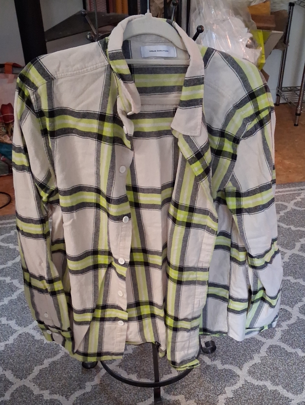 Urban Outfitters Cream and Lime Plaid Button-Down Shirt